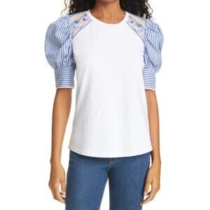 Tanya Taylor Maddie Puff Sleeve Top White Striped Crochet Size Medium Women’s